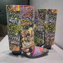 One - Of - A - Kind! Punk Western Cowboy Women's Boots With Rhinestones & Random Graffiti Mix | Denim Fabric, Sturdy Sole, Comfy Insole | For Concerts, Festivals, Shopping & Parties, All - Season - 彩色 - 查看 1