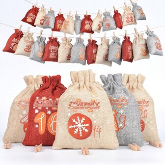 24 件/套 3 色圣诞倒计时 1-24 日历礼品袋糖果包装束口袋，适用于 2026 年新年，降临节日历袋，空降临节日历（可自行填充），DIY 降临节日历，狗狗降临节日历，可重复使用降临节日历，圣诞装饰家居装饰房间装饰冬季圣诞装饰家居圣诞礼物圣诞装饰
