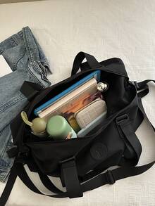 字母装饰尼龙健身包、瑜伽包、短途旅行包、篮球训练包、男女通用度假旅行必备包行李箱旅行包女士 - 黑色 - 查看 8