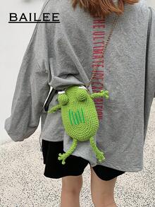 BAILEE 手工钩织可爱卡通青蛙零钱包，草绿色青蛙钩针夹，配可拆卸金属链，女士斜挎包，适合日常时尚、与朋友购物和校园生活 - 綠色 - 查看 4
