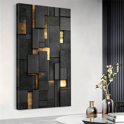 1/2pcs Modern Dark Geometric Tile Pattern Canvas Painting With Gold Accents, Contemporary Farmhouse And Decorative Art Style Wooden Framed Vertical Textural Contrast Wall Art, Suitable For Living Room, Bedroom, Office Decor - Indoor/Outdoor, Ideal Gift, Wall Decor, Poster, Wall Art, Room Decoration, Framed Wall Art