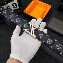 男士自动扣皮带，商务休闲百搭，合金扣，星形字母印花，适合正式、休闲、居家穿着，长度120厘米，秋季、万圣节、秋冬季配饰，适合青少年、青年、男士，休闲、户外、运动、度假、毕业礼物、生日礼物、日常穿着 - 黑色 - 查看 4