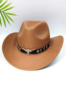 1 Men's Polyester Western Cowboy Hat, Unisex Vintage Style Hat, Bull Shape Decoration, Suitable For Daily Casual Wear, Western Cowboy Party, Bar Cowboy (One Size Fits All)