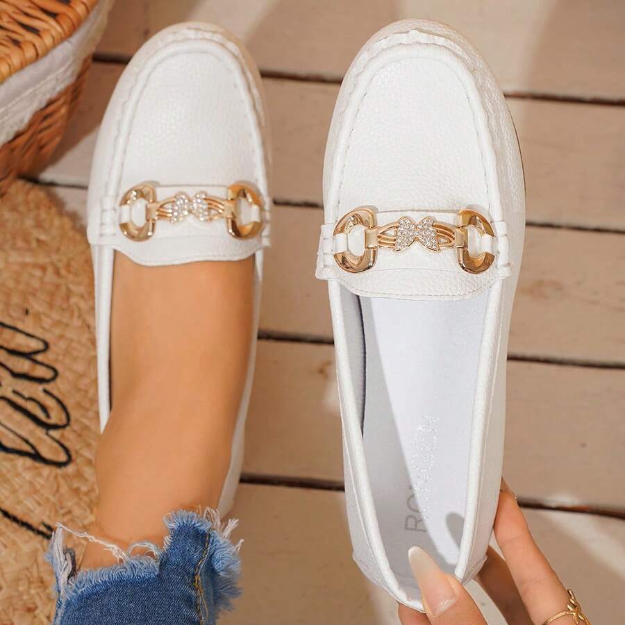 2025 Spring New Women's Fashion Gold Chain Elegant Slip-On Loafers, Lightweight & Comfortable, Versatile Rubber Flat Shoes - White - View 1