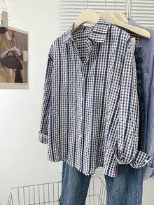 女式休闲日常格子蕾丝边纽扣衬衫