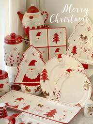 1セット クリスマス 手描きセラミック食器、愛のクリスマスステーキプレートセット、エンボス加工の釉下着色フラットプレート&魚プレート、クリスマスディナーパーティー、家族集まりに適しています