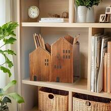 2pc Small House Shape Pen Holder Storage Box - Wooden Retro Desktop Decoration For Art Supplies/Brushes/Office Items - Multi-Use Makeup Brush & Stationery Organizer - Kawaii School Essentials, Back To School Must-Have, Creative Workspace Decor, Vintage Pencil Case Alternative, Dorm Room Desktop Cutie