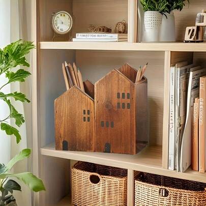 两件套房屋造型笔筒 - 复古木质桌面装饰，可收纳美术用品/画笔/文具 - 多功能化妆刷和笔筒 - 可爱校园必备，返校礼物，创意办公装饰，复古铅笔盒替代品，宿舍书桌配件