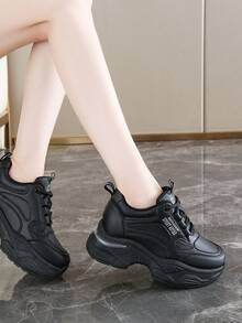 8厘米厚底穆勒运动鞋，复古风格休闲鞋，隐形坡跟，拉长腿部线条，舒适百搭，娇小女性必备单品 - 黑色 - 查看 9