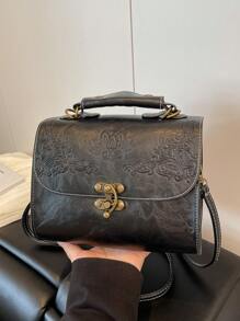 1pc Fashionable Hardware Lock Design Embossed PU Leather Handbag With High-End Style, Can Be Worn Across Body - Black - View 10