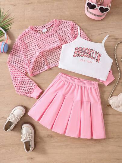 3pcs Girls Casual Comfortable Spring/Autumn Outfit - Letter Print Camisole Crop Top + Hollow Long Sleeve Cardigan + Solid Color Elastic Waist Skirt, Outdoor Chic & Youthful Attire For Tween Girls