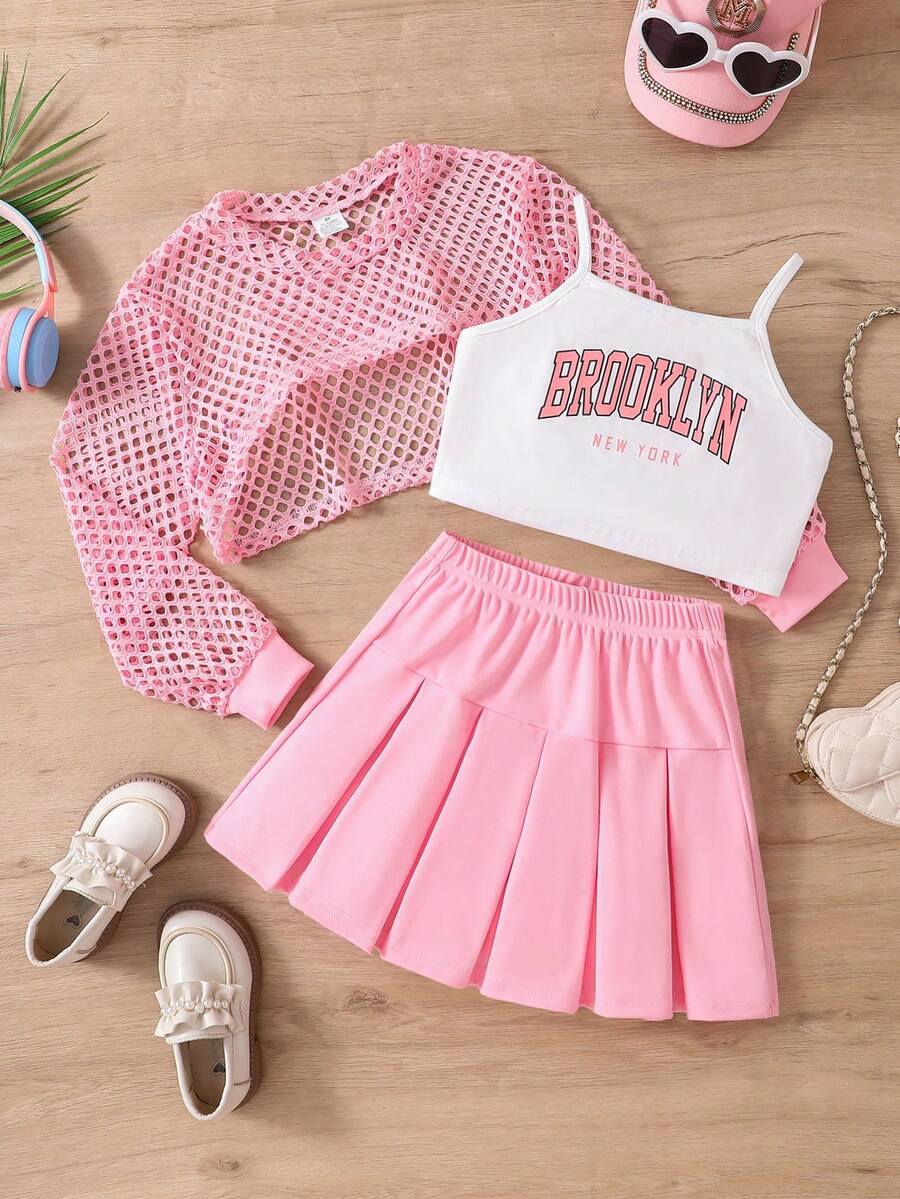 3 piezas Conjunto informal y cómodo de primavera/otoño para niñas - Camiseta de tirantes con estampado de letras + Cárdigan de manga larga calado + Falda de cintura elástica de unicolor, atuendo elegante y juvenil para niñas preadolescentes - Rosa - Ver 1