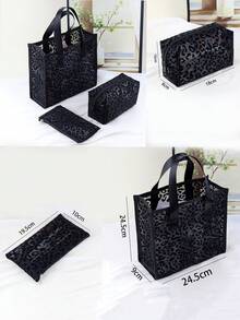 Minimalist Fashion Makeup Organizer, 3 Pieces Set Black Breathable Leopard Print Cosmetic Bag, Convenient Dual Handle Toiletry Bag, Beach Bag, Suitable For Travel, Daily Use, And Gift Giving - Black - View 2