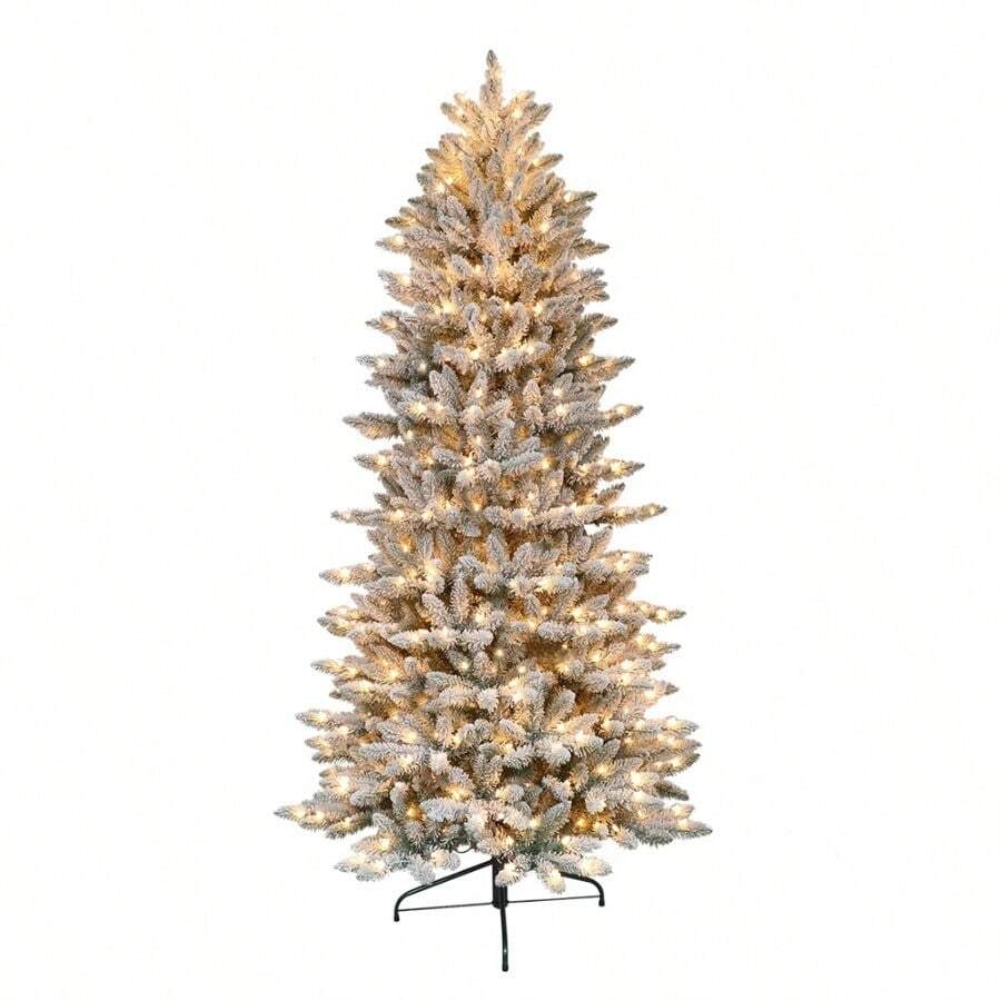 7.5 Ft. PreLit Flocked Slim Fraser Fir Artificial Christmas Tree With 500 ULListed Clear Lights - 肉凍 - 查看 1