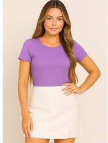 Women's Basic Viscolycra Blouse Round Neck Baby Look Short Sleeve - 紫丁香 - 查看 1