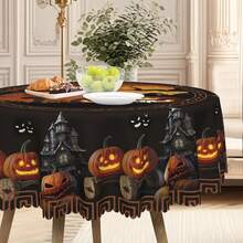 Față de masă de Halloween 1 buc - Lună, Casă bântuită, Lilieci, Decor de petrecere cu dovleci - Față de masă în stil gotic portocaliu și negru - Rezistentă la șifonare, Calitate înaltă, Ușor de curățat - Potrivită pentru petrecere de Halloween, Acasă, Cafenea, Picnic - Utilizare în interior și exterior, Decor de masă cu atmosferă înfricoșătoare, Material premium, Design cu margini ondulate, Poliester durabil, Decorațiune pentru casa de sărbători