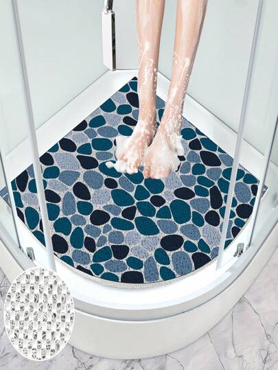 1 pezzo Tappetino da bagno in materiale PVC, motivo a mosaico di ciottoli, che presenta diverse dimensioni e forme di "ciottoli" blu-grigi in un'area semicircolare, creando un effetto visivo naturale e unico, tappetino da bagno con fori di drenaggio, tappetino da doccia forato in PVC per un rapido asciugatura, adatto per aree umide, box doccia, facile da pulire e manutenere, adatto come zerbino per ingresso, bagno, cucina
