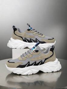 男士时尚百搭撞色系带运动鞋，户外和日常字母印花低帮厚底跑步鞋 - 卡其色 - 查看 5