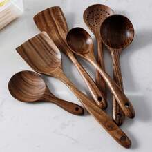 4 piezas Juego de utensilios de cocina de madera, espátula, cucharón, cuchara para sopa de madera natural, utensilios de cocina amigables con utensilios antiadherentes, material de palisandro, mango largo, suministros para cena familiar, suministros para fiestas