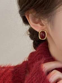 4 Pairs Retro Elegant Geometric Square Stud Earrings Set, Versatile & Fashionable Design Suitable For Women's Daily, Date, Holiday Wear - Burgundy - View 6