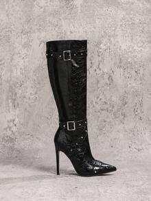 Fall/Winter 2025 12cm Sexy Fashion Leather Strap Metal Buckle Studded Pointed Toe Casual Versatile Side Zipper Tall Boots,Black Boots,High Heels - Black - View 6