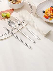 3pcs/4pcs Stainless Steel Cutlery Set, Spoon Fork Chopsticks, Student Outdoor Travel Portable Tableware With Storage Box - Multicolor - View 19