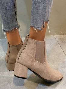 2025 Autumn/Winter New Women's Khaki Short Boots, Pointed Toe Suede Patchwork Elastic Pull-On Chunky Heel Tight Fit Boots, Fashionable Daily Versatile Shoes, Khaki Boots, Women Boots, Women Shoes - Khaki - View 4