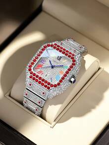 DAYAND NIGHT Luxury Brand Fully Iced-Out Quartz Wristwatch, Unisex Casual Business Watch With High-Quality Rhinestones, Large Size, Multi-Color Options, Versatile For Party, Formal Occasions Or Daily Wear. Perfect Gift For Valentine's Day, Anniversary Or Birthday. Silver Watch, Suitable For Christmas, Halloween