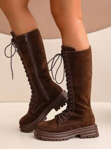 Nuovi stivali casual da donna in stile occidentale minimalista, colore marrone, in finta pelle scamosciata, fodera comoda, design con lacci e cerniera laterale, suola antiscivolo spessa, stile retrò, adatti per primavera e autunno, occasioni formali