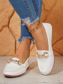2025 Spring New Women's Fashion Gold Chain Elegant Slip-On Loafers, Lightweight & Comfortable, Versatile Rubber Flat Shoes - White - View 6