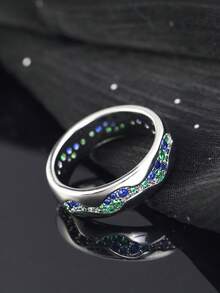 1枚S925纯银男女通用波浪形戒指，镶嵌蓝绿色宝石，简约时尚，适合日常佩戴，周年纪念礼物，母亲节礼物。 - 銀色 - 查看 4