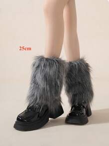 1双Y2K高筒仿毛皮腿套，棕灰色蓬松腿套，千禧年美学，舒适保暖