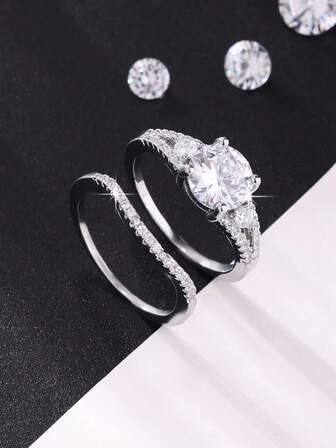 2pcs Glamorous Sparkling Classic Ring Set, Inlaid With Shiny Round Cubic Zirconia, Suitable For Wedding, Engagement, Promise, Bride, Eternity, Anniversary, Women, Valentine's Day, Everyday Wear, All Seasons, Romantic Holiday Gift