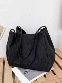日常休闲百搭简约大容量帆布托特包 - 黑色 - 查看 2