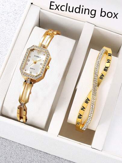 2pcs Casual Elegant Minimalist Rhinestone Decorated Rectangular & Octagonal Dial Bracelet Watch For Women
