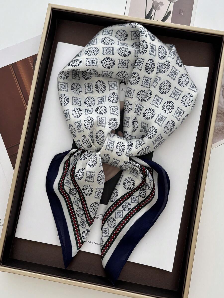 1条70*70厘米方形真丝围巾，女士缎面印花头巾，颈巾，发带，时尚女士披肩，围巾 - 黑灰 - 查看 1