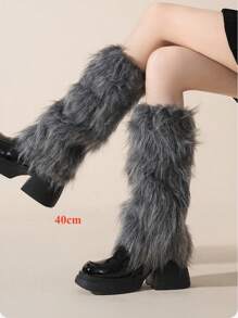 1双Y2K高筒仿毛皮腿套，棕灰色蓬松腿套，千禧年美学，舒适保暖