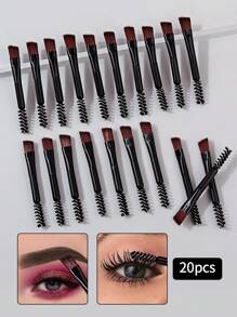 20 piezas Juego de brochas de maquillaje mini de doble extremo - Cepillo de cejas en ángulo, peine de pestañas en espiral, varilla de rímel, brochas de maquillaje para principiantes