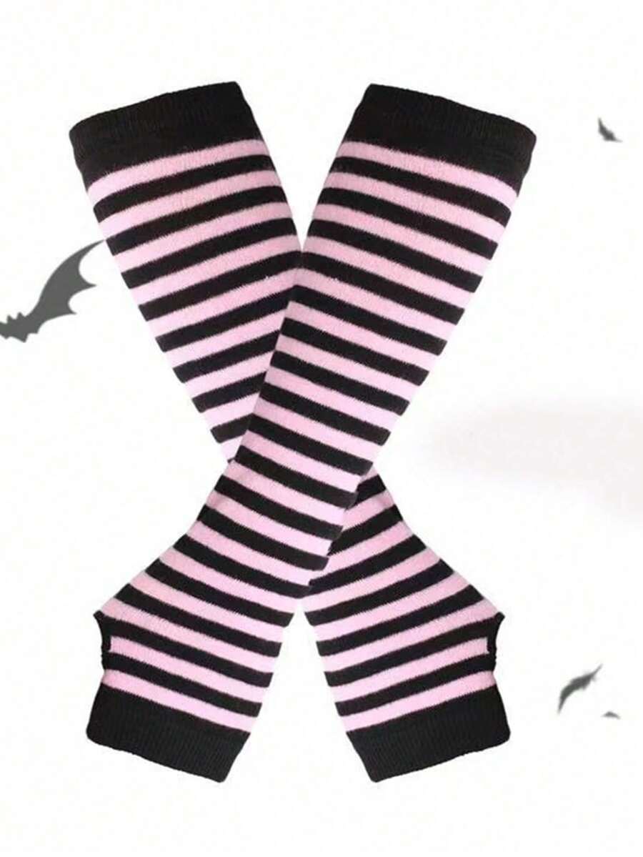 1 Pair Unisex Japanese Harajuku Style Striped Dark Fingerless Gloves, Student Y2K Sun Protection Arm Sleeves, For Men & Women