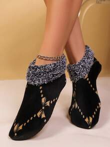 1 Pair Women's Leopard Print Plush Lined Warm Indoor Socks, Thickened Floor Socks/Slippers