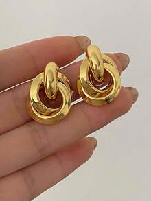 1 Set Minimalist Vintage European & American Style C-Shaped Multi-Layer Small Circle Stud Earrings, Geometric Twisted Metal Texture Earring Set, Suitable For Women's Daily And Holiday Wear - Set a - View 2