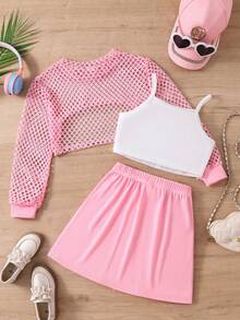 3 piezas Conjunto informal y cómodo de primavera/otoño para niñas - Camiseta de tirantes con estampado de letras + Cárdigan de manga larga calado + Falda de cintura elástica de unicolor, atuendo elegante y juvenil para niñas preadolescentes - Rosa - Ver 2