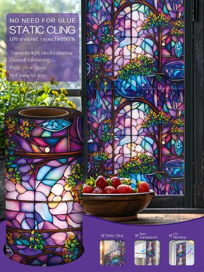 1 Roll 1m/2m/3m Vintage Purple Floral & Green Leaves Countryside Style 3D Colorful Static Cling Film, Window Decor Privacy Film, Removable & Easy To Install, Window Vinyl, UV Protection, Heat Insulation, Home Decor Glass Film Wall Stickers Wall Sticker Stickers Room Decor