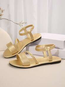 加大码女式编织露趾舒适简约松紧带平底皮革一脚蹬凉鞋，夏季休闲时尚户外沙滩鞋 - 金色 - 查看 4