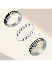 3 件时尚不锈钢旋转戒指，带星星/月亮和星星/银球图案，适合日常穿搭，适合烦躁的珠宝 - 銀色 - 查看 16