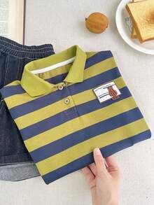 Young Boy Colorblock Striped Polo Shirt, Summer - Army Green - View 6