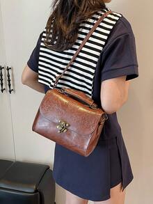 1pc High-End Pu Leather Floral Pattern Fashionable Handheld Shoulder Bag With Metal Lock Design - Brown - View 6