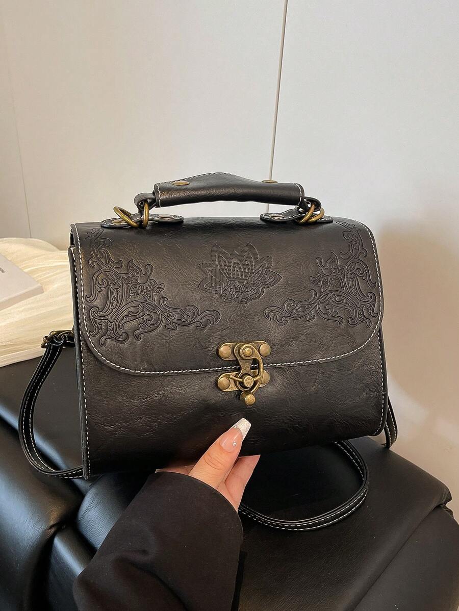 1pc Fashionable Hardware Lock Design Embossed PU Leather Handbag With High-End Style, Can Be Worn Across Body - Black - View 1