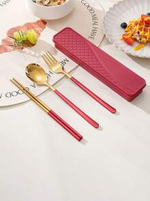 3pcs/4pcs Stainless Steel Cutlery Set, Spoon Fork Chopsticks, Student Outdoor Travel Portable Tableware With Storage Box - Multicolor - View 13