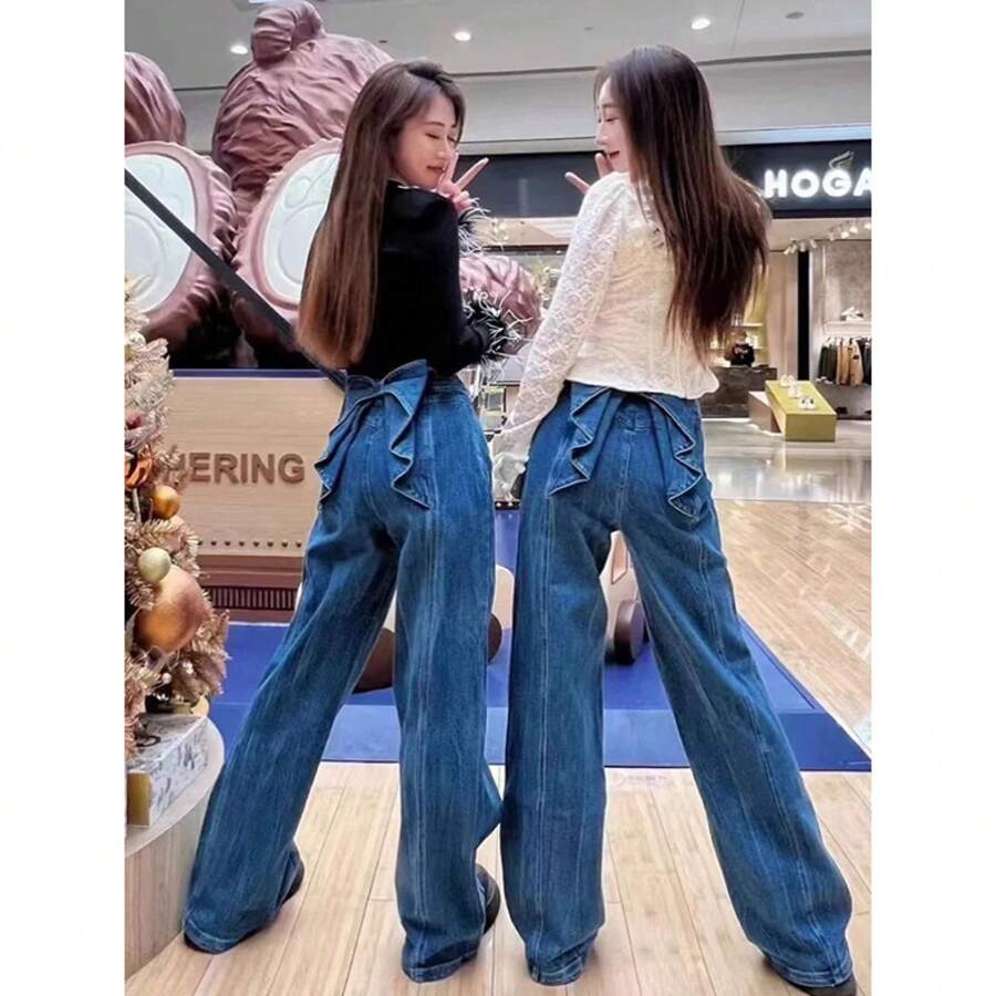 Wide-Leg Denim Straight-Leg Pants For Women With Back Ribbons. Relaxed Fit, Long Gaucho Pants. Harajuku, Y2K, Korean, School, Street Style. - 藍色 - 查看 1
